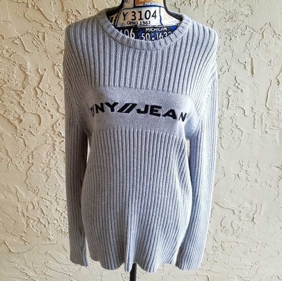 DKNY Jeans Gray Knit Sweater Black Logo L - Picture 2 of 4